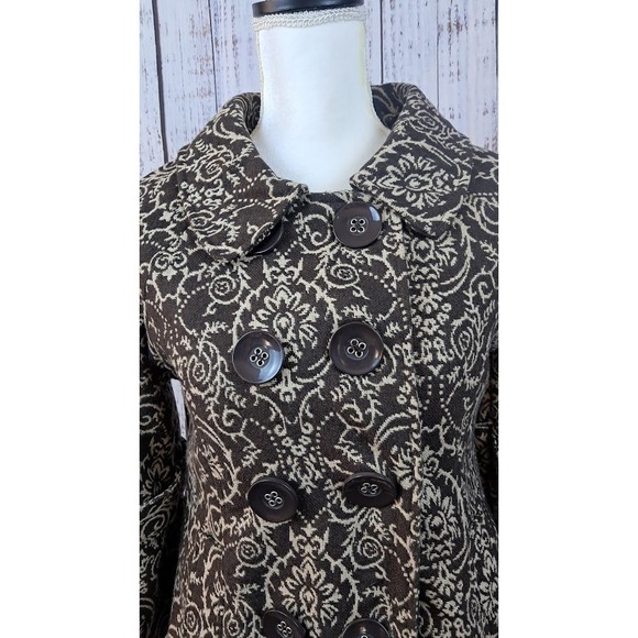 Anthropologie LUII S/M Brown Damask Swing Coat Tapestry‎ Wool Blend 3/4 Sleeve - Picture 3 of 9